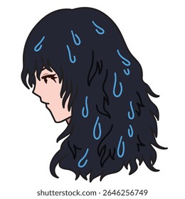 Menina com cabelo preto longo molhado depois de lavar com xampu ou tomar um banho delineado ilustração vetor isolado no fundo branco.