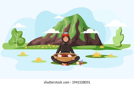 Girl in wetsuit near mountains, body of water and nature. National dish of island, seafood