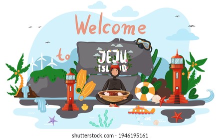 Girl in wetsuit, plants and nature in Jeju. Bowl of seafood, national dish of island