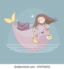 Girl and whale are drinking tea. Vector illustration. 