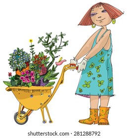 girl with wheelbarrow full of plants and flowers - cartoon