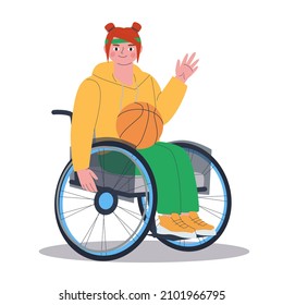 Girl In A Wheelchair With A Basketball. Teens With Special Needs. Flat Vector Illustration