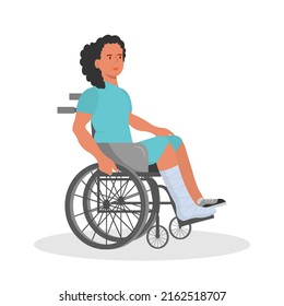 A girl in a wheelchair with a cast on her leg. Vector over white background.