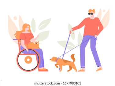 Girl in a wheelchair with a cat. Blind guy with a guide dog. People with disability and their pets. Friendly walks and successful rehabilitation. Vector flat illustration.