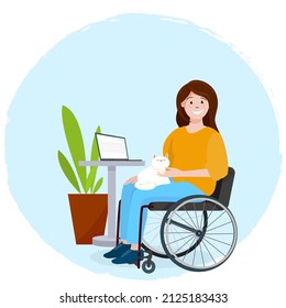 A girl in a wheelchair with a cat and a laptop. Work or study at home. Vector graphics