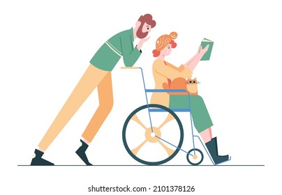 A girl in a wheelchair with a cat on her lap is reading a book. An interested male partner is nearby. Support and love in a difficult situation. Couple fighting disease together Vector illustration.
