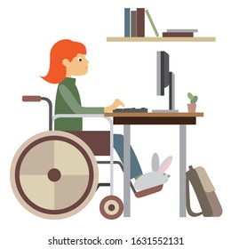 a girl in a wheelchair at a computer table is learning lessons. flat drawing, neutral colors, white background, simple geometric shapes. vector illustration. EPS 10.