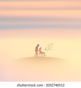 Girl in wheelchair. Couple in heaven. Death, afterlife. Foggy clouds