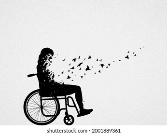 Girl in wheelchair. Death and afterlife. Bird fly. Abstract silhouette