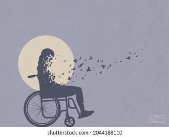 Girl in wheelchair. Death and afterlife. Bird fly. Abstract silhouette