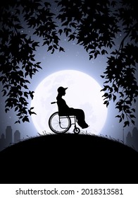 Girl in wheelchair. Disabled woman in park. Full moon on starry night