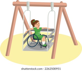 Girl in a wheelchair enjoys the swing in the playground. Adaptive swing. Vector illustration of people with disabilities.