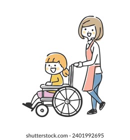 A girl in a wheelchair and a female staff member.