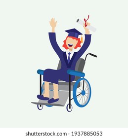 A girl in a wheelchair is happy to receive a diploma. Vector illustration in flat style.