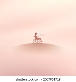 Girl in wheelchair. Human in paradise. Death, afterlife. Foggy clouds