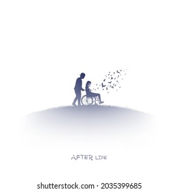 Girl in wheelchair. Isolated silhouette of people in heaven. Afterlife