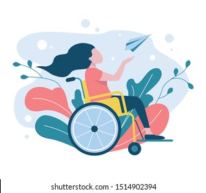 A girl in a wheelchair launches a paper airplane. The concept of a person with disabilities enjoys life. Symbol of opportunities and prospects. Flat vector illustration.