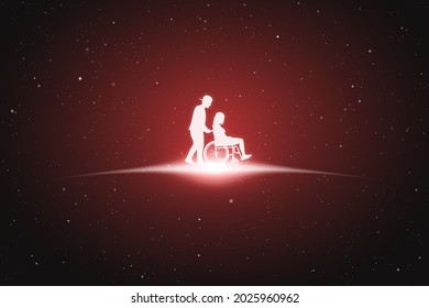 Girl in wheelchair. Man take care of disabled woman. Glowing outline
