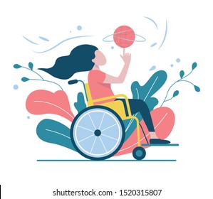 A girl in a wheelchair plays basketball. Disabled person spins a basketball on his finger. Concept. Exercise for people with disabilities. Flat vector illustration.