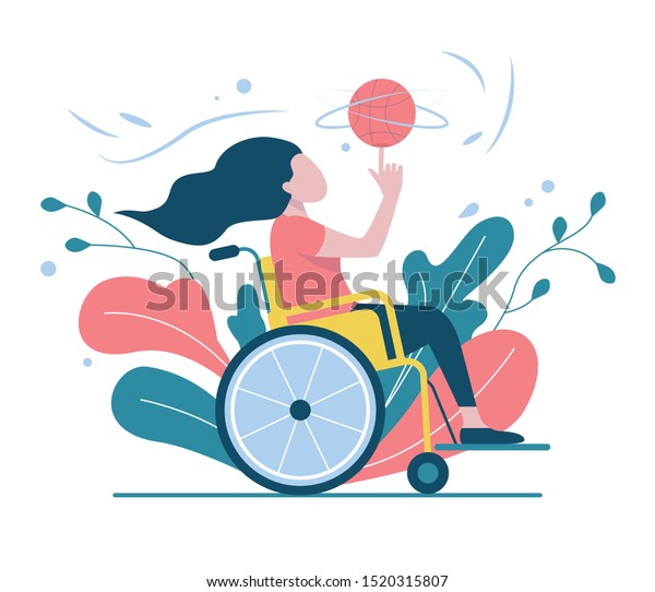 車椅子の女の子がバスケをする 身体障害者は指にバスケットボールを掛ける コンセプト 障害を持つ人のための運動 平らなベクターイラスト のベクター画像 素材 ロイヤリティフリー