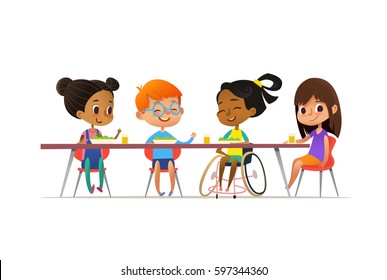 Girl In Wheelchair Sitting At Table In Canteen And Talking To Her Friends. Happy Multiracial Kids Having Lunch. School Inclusion Concept. Vector Illustration For Website, Advertisement, Poster, Flyer.