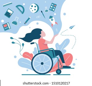 A girl in a wheelchair is studying at school. A symbol of inclusive school or inclusive distance learning. Flat vector illustration.