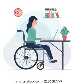 A girl in a wheelchair is working on a laptop. Work from home. Vector illustration in a flat style
