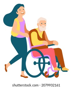 Girl wheeling old man. Smiling woman talking with senior
