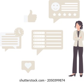 A girl which is arrounded by reviews,ratings and feedback icons.