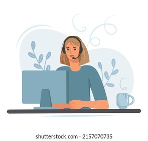 Girl while studying or working at the computer. With a cup of coffee in headphones with a microphone. Woman call center employee. Online customer service concept illustration, flat style vector.