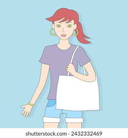 Girl with a white blank reusable eco bag or shopping bag