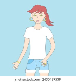 Girl in a white blank t-shirt vector template