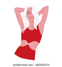 Girl white blonde stretches after sleep. Hands behind your head. Red dress. Vector illustration on a white background.