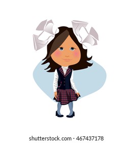 Girl with white bows in a school uniform. A first-grader. The girl dressed in the form of primary school. Vector illustration.