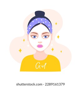 Girl with a white cosmetic mask on her face. Vector illustration