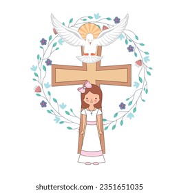 girl with white dress between cross and holy spirit and flowers crown. first communion . vector illustration