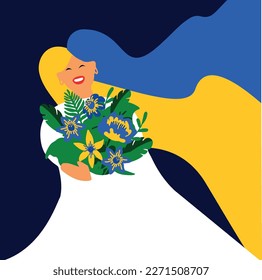 Girl in a white dress with a bouquet of flowers. Mothers Day. March 8 International Women's Day. Greeting card concept. Ukraine world