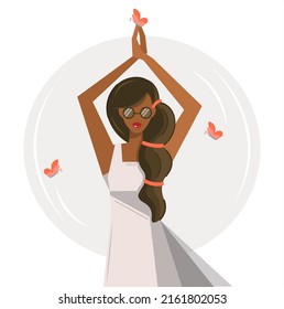 A girl in a white dress is doing yoga. Dancing young African American woman. Modern design with a stylish brunette and butterflies. The concept of positivity, creativity. Vector isolated flat design.