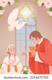 A girl in a white dress during the first communion. Vector A priest holds bread, a manifestation of the holy spirit in the form of a white radiant dove. Church member receiving the Eucharist