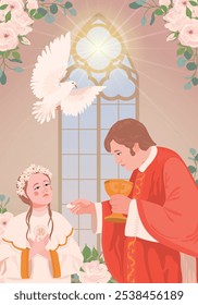 A girl in a white dress during the first communion. Vector A priest holds bread, a manifestation of the holy spirit in the form of a white radiant dove. Church member receiving the Eucharist