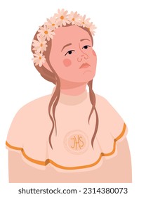 Girl in a white dress for the first communion. Vector. The child is ready to receive the sacrament of the Eucharist. A young Catholic woman prays before the sacromontic sacrament of communion.