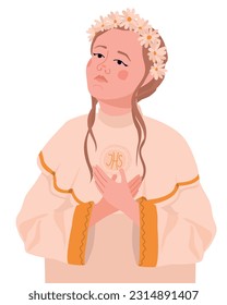 Girl in a white dress for the first communion. Vector. The child is ready to receive the sacrament of the Eucharist. A young Catholic woman prays before the sacromontic sacrament of communion.