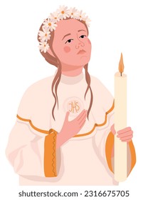 Girl in a white dress for the first communion. Vector. The child is ready to receive the Eucharist. A young Catholic woman prays before the sacred sacrament of communion, holding a candle.