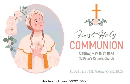 Girl in a white dress for the first communion. Vector. An invitation to celebrate the sacrament of the Eucharist. Young Catholic woman in a round frame with flowers.