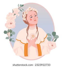 Girl in a white dress for the first communion. Vector. The child is ready to receive the sacrament of the Eucharist. A young Catholic woman prays before the sacromontic sacrament of communion.