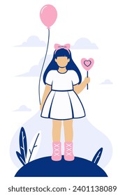 Una muchacha con un vestido blanco, con una proa rosada, sostiene una soplona y un globo en sus manos. Ilustración vectorial plana.