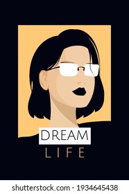 A girl in white glasses with the inscription "dream life"