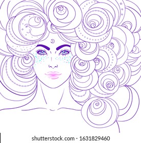 Girl with white hair, head in the clouds with moon and stars. Concept of inner reality, mental health, imagination, thinking, dreaming. Female portrait of night goddess. Isolated vector illustration.