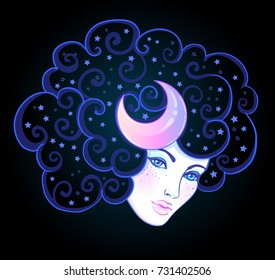 Girl with white hair, head in the clouds with moon and stars. Concept of inner reality, mental health, imagination, thinking, dreaming. Female portrait of night goddess. Isolated vector illustration.