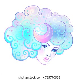 Girl with white hair, head in the clouds with moon and stars. Concept of inner reality, mental health, imagination, thinking, dreaming. Female portrait of night goddess. Isolated vector illustration.